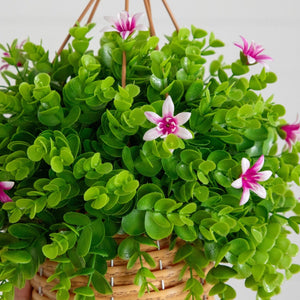 13” UV Resistant Artificial Lily and Eucalyptus Woven Hanging Basket (Indoor/Outdoor)
