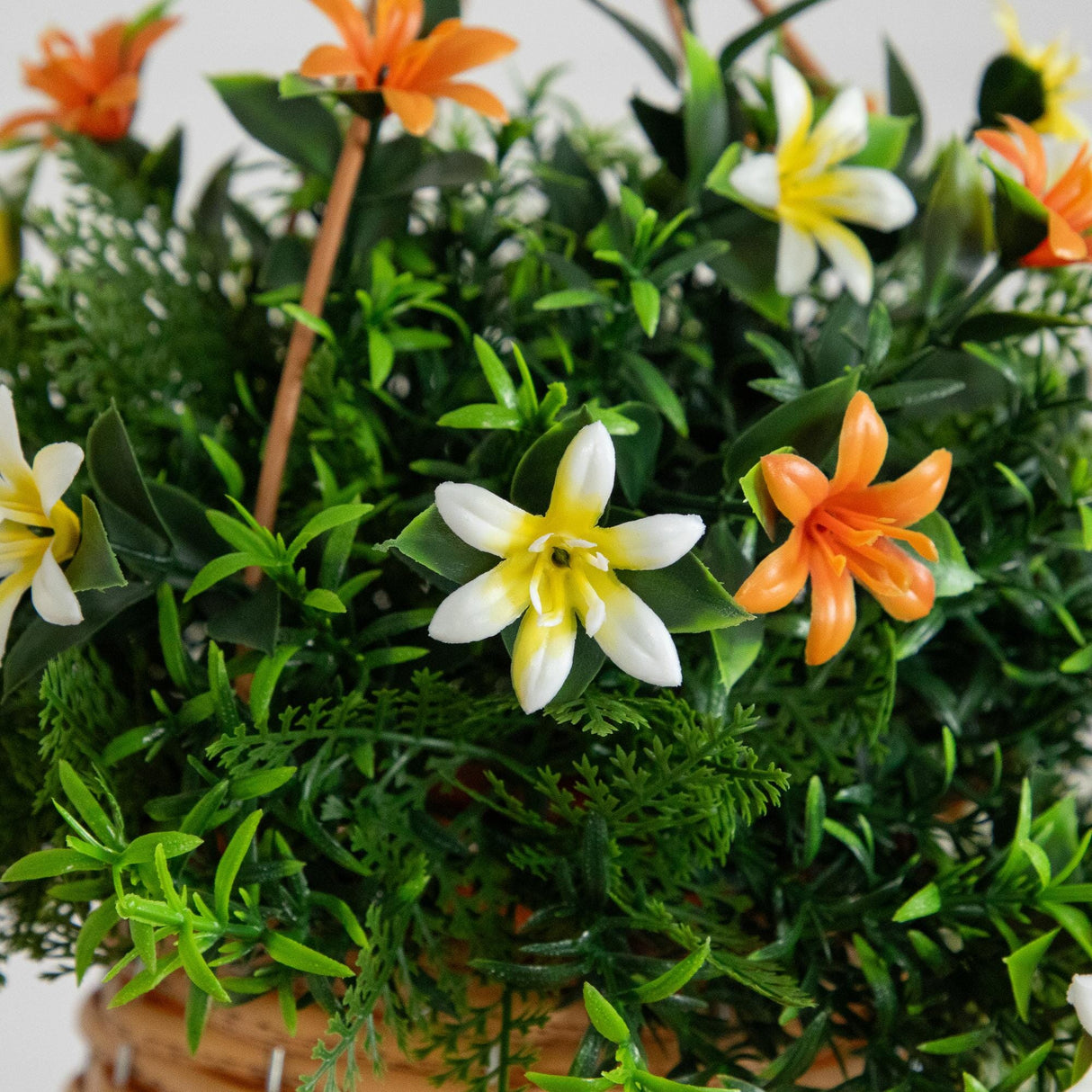 13” UV Resistant Artificial Lily and Mixed Greens in Woven Hanging Basket (Indoor/Outdoor) - Set of 2