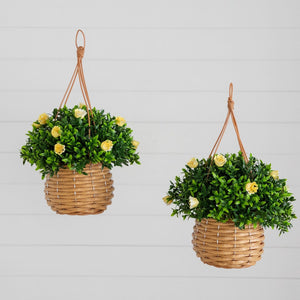 13” UV Resistant Artificial Mini Rose and Aptenia in Woven Hanging Basket (Indoor/Outdoor) - Set of 2