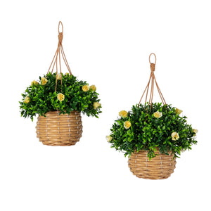 13” UV Resistant Artificial Mini Rose and Aptenia in Woven Hanging Basket (Indoor/Outdoor) - Set of 2