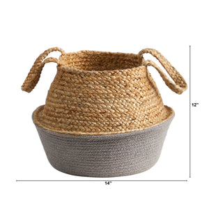 14” Boho Chic Handmade Cotton & Jute Gray Woven  Planter