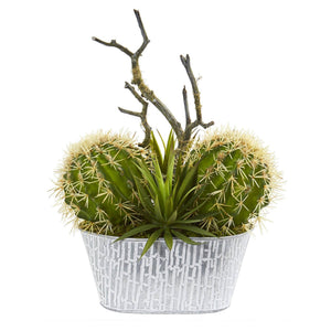14” Cactus and Agave Succulent Artificial Plant in White Tin Planter