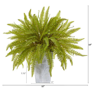 14” Fern Artificial Plant in Embossed White Planter