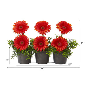 14” Gerber Daisy Artificial Arrangement in Trio Metal Vase