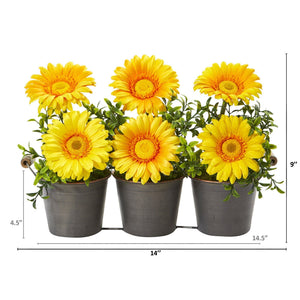 14” Gerber Daisy Artificial Arrangement in Trio Metal Vase