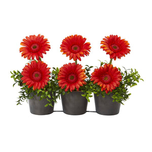 14” Gerber Daisy Artificial Arrangement in Trio Metal Vase