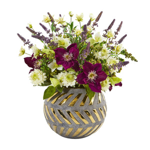 14” Mixed Artificial Flower Arrangement in Stoneware Vase with Gold Trimming