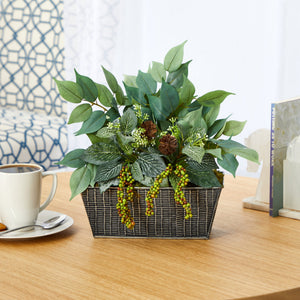 14” Mixed Ficus and Fittonia Artificial Plant in Embossed Tin Planter