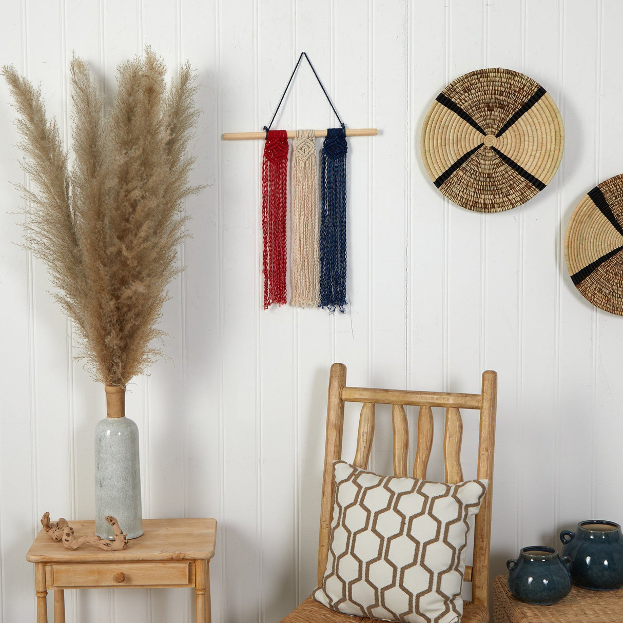 14” x 24” Red White and Blue “Americana” Macrame Wall Hanging Art Decor