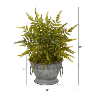 15” Fern Artificial Plant in Vintage Metal Bowl with Copper Trimming