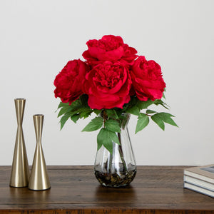 16" Artificial Pink Peony Arrangement in Glass Vase