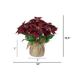 16" Artificial Poinsettia Arrangement in Burlap Planter