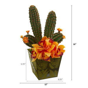16” Cymbidium Orchid and Cactus Artificial Arrangement in Green Vase