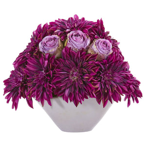 16” Dahlia and Rose Artificial Arrangement in Gray Vase
