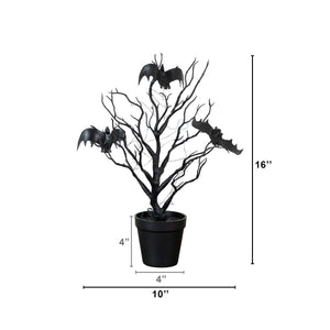 16” Pre-Lit Artificial Halloween Black Spooky Twig Tree with Bats and 20 Orange & Purple LED Lights