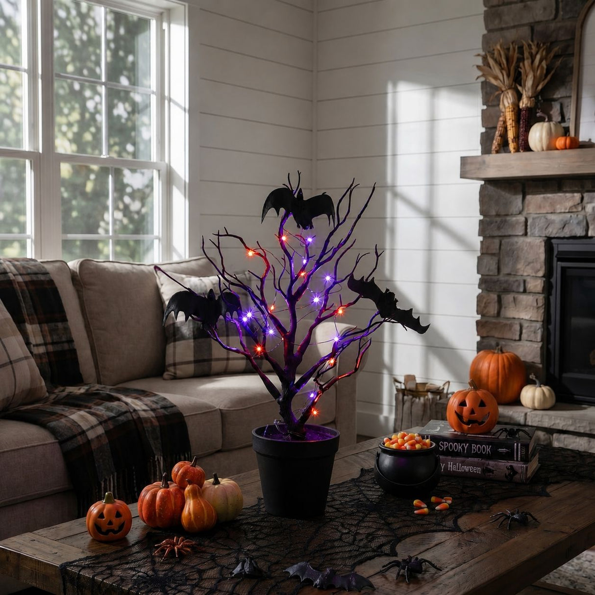 16” Pre-Lit Artificial Halloween Black Spooky Twig Tree with Bats and 20 Orange & Purple LED Lights