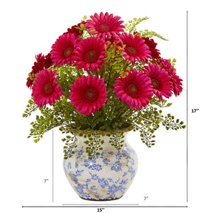 17” Silk Gerber Daisy and Silk Maiden Hair Flower Arrangement in Vase