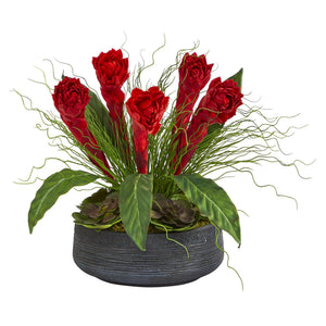 17” Ginger and Echeveria Succulent Artificial Plant in Decorative Bowl