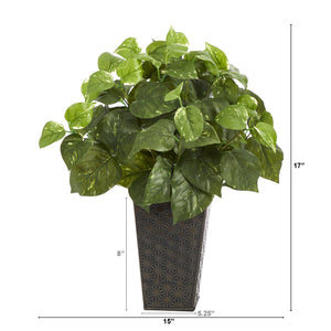 17” Pothos Artificial Plant in Embossed Black Planter