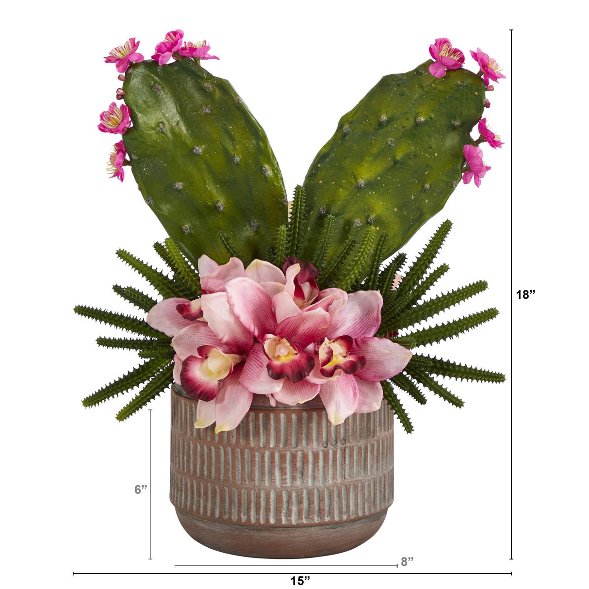 18” Cymbidium Orchid and Cactus Artificial Arrangement in Stoneware Vase