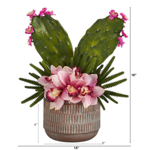 18” Cymbidium Orchid and Cactus Artificial Arrangement in Stoneware Vase