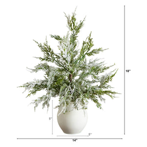 18" Pre-Lit Artificial Mini Snowed Cypress Christmas Tree with 12 LED Lights in  White Ceramic Planter