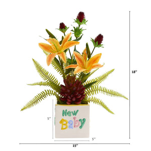 18” Lily, Thistle and Succulent Artificial Arrangement in Vase