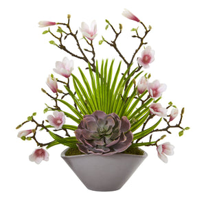18” Magnolia and Succulent Artificial Arrangement in Vase