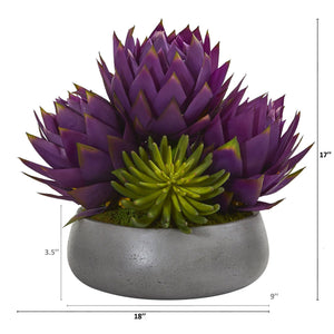 18” Musella and Succulent Arrangement in Gray Garden Vase
