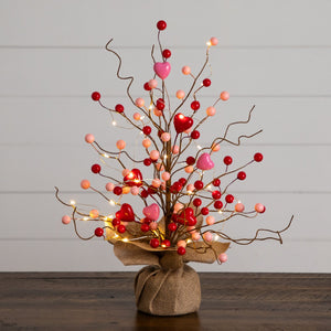 18" Pre-Lit Artificial Valentine's Day Heart & Berry Twig Tree with 30 LED String Lights in Burlap Wrapped Base