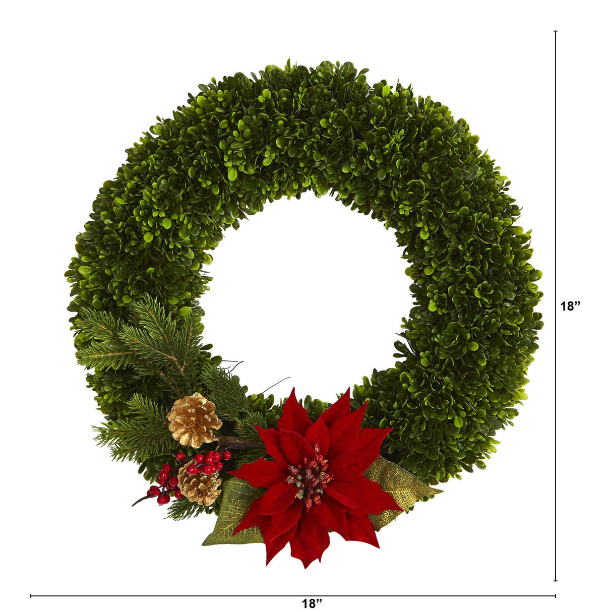 18” Tea Leaf, Poinsettia and Pine Artificial Wreath
