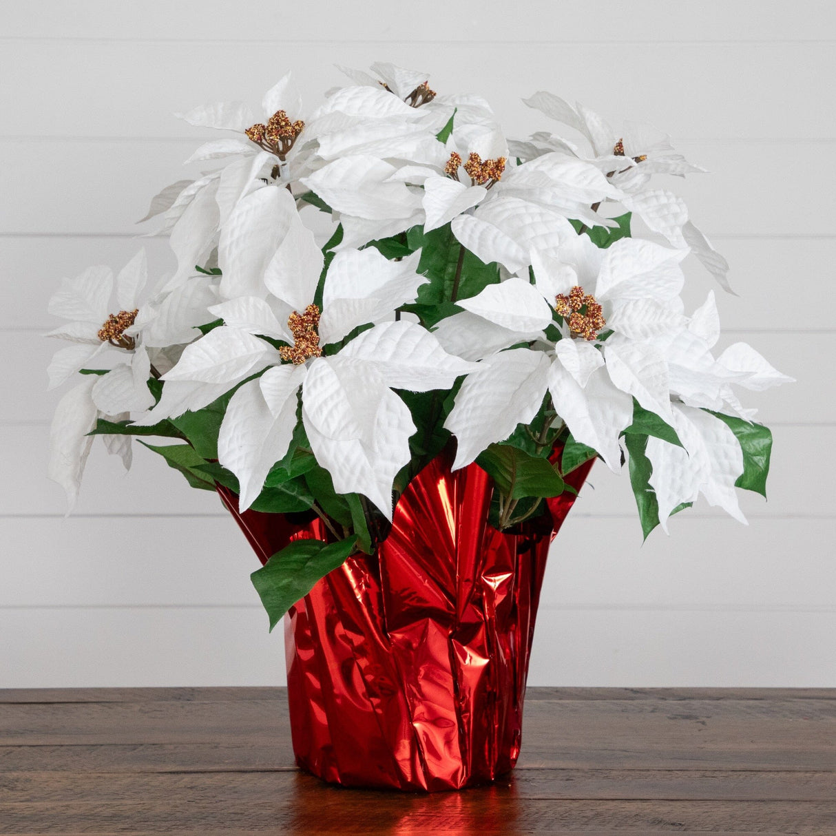 19” Artificial Lush White Poinsettia Arrangement in Red Wrapped Planter
