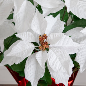 19” Artificial Lush White Poinsettia Arrangement in Red Wrapped Planter