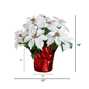 19” Artificial Lush White Poinsettia Arrangement in Red Wrapped Planter