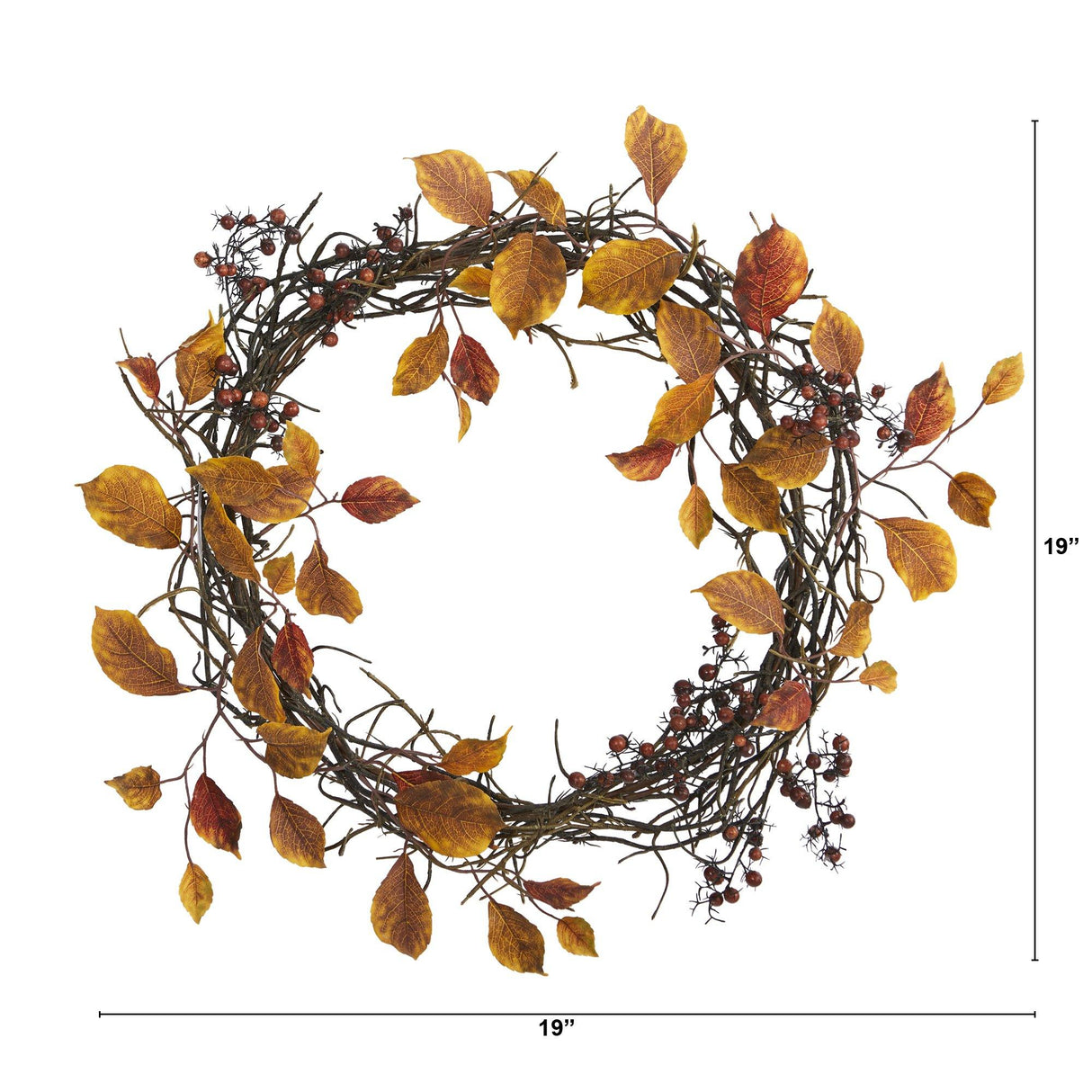 19” Harvest Leaf, Berries  and Twig Artificial Wreath