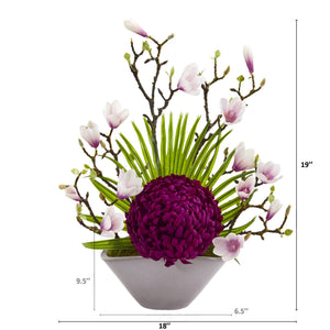 19” Mum, Magnolia and Fan Palm Artificial Arrangement in Vase