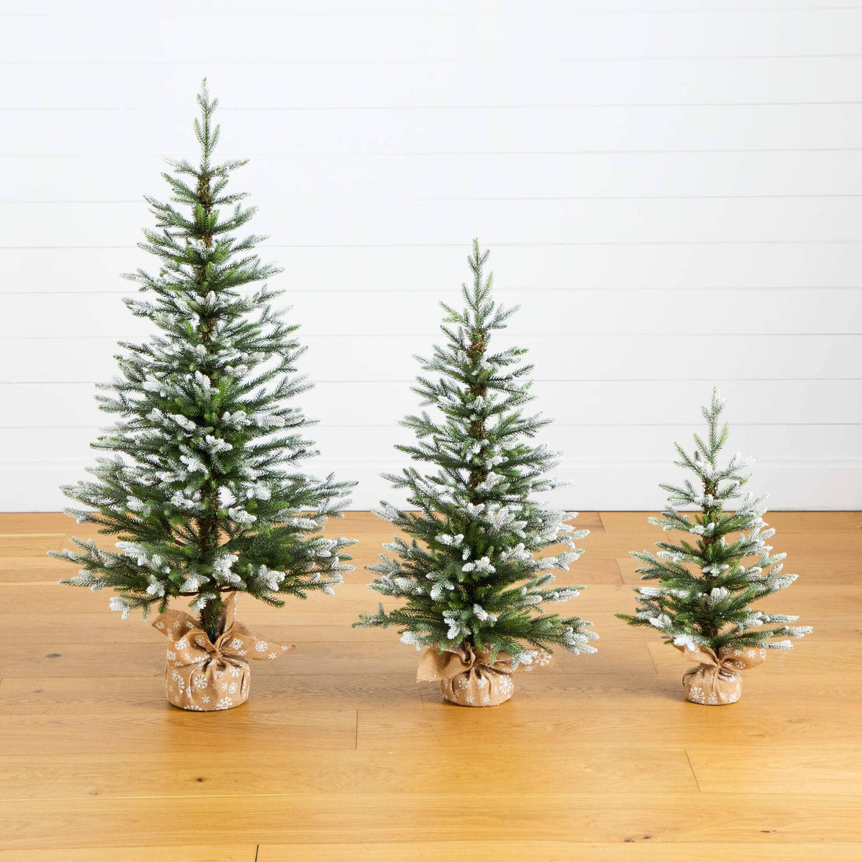 2', 3', 4' Artificial Snowed Balsam Fir Christmas Tree in Burlap Wrapped Base - Set of 3