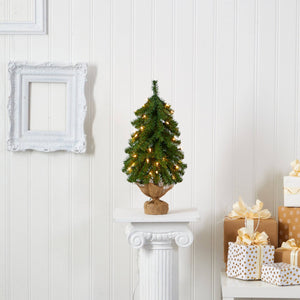 2’ Alpine Artificial Christmas Tree with 35 Lights, 92 Bendable Branches and a Burlap Planter