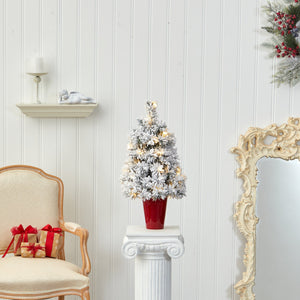 2’ Flocked Artificial Christmas Tree with 30 Clear LED Lights in Burgundy Vase