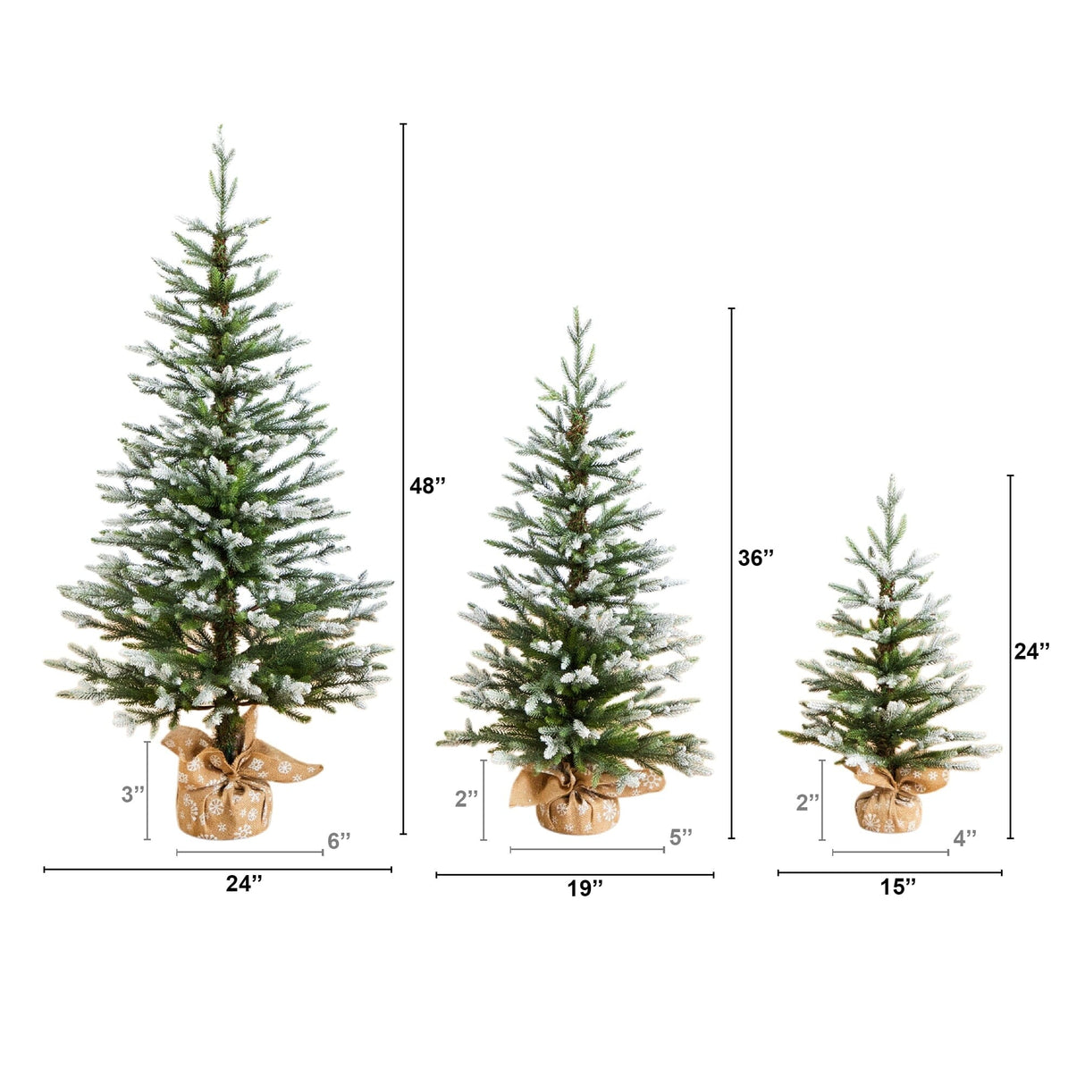 2', 3', 4' Artificial Snowed Balsam Fir Christmas Tree in Burlap Wrapped Base - Set of 3