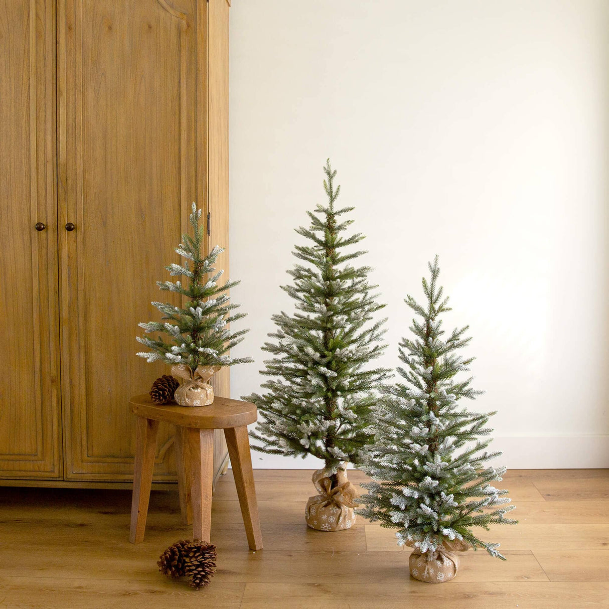 2', 3', 4' Artificial Snowed Balsam Fir Christmas Tree in Burlap Wrapped Base - Set of 3