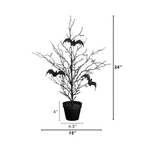 2' Pre-Lit Artificial Black Spooky Twig Tree with Bats and 40 Orange & Purple LED Lights