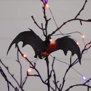2' Pre-Lit Artificial Black Spooky Twig Tree with Bats and 40 Orange & Purple LED Lights