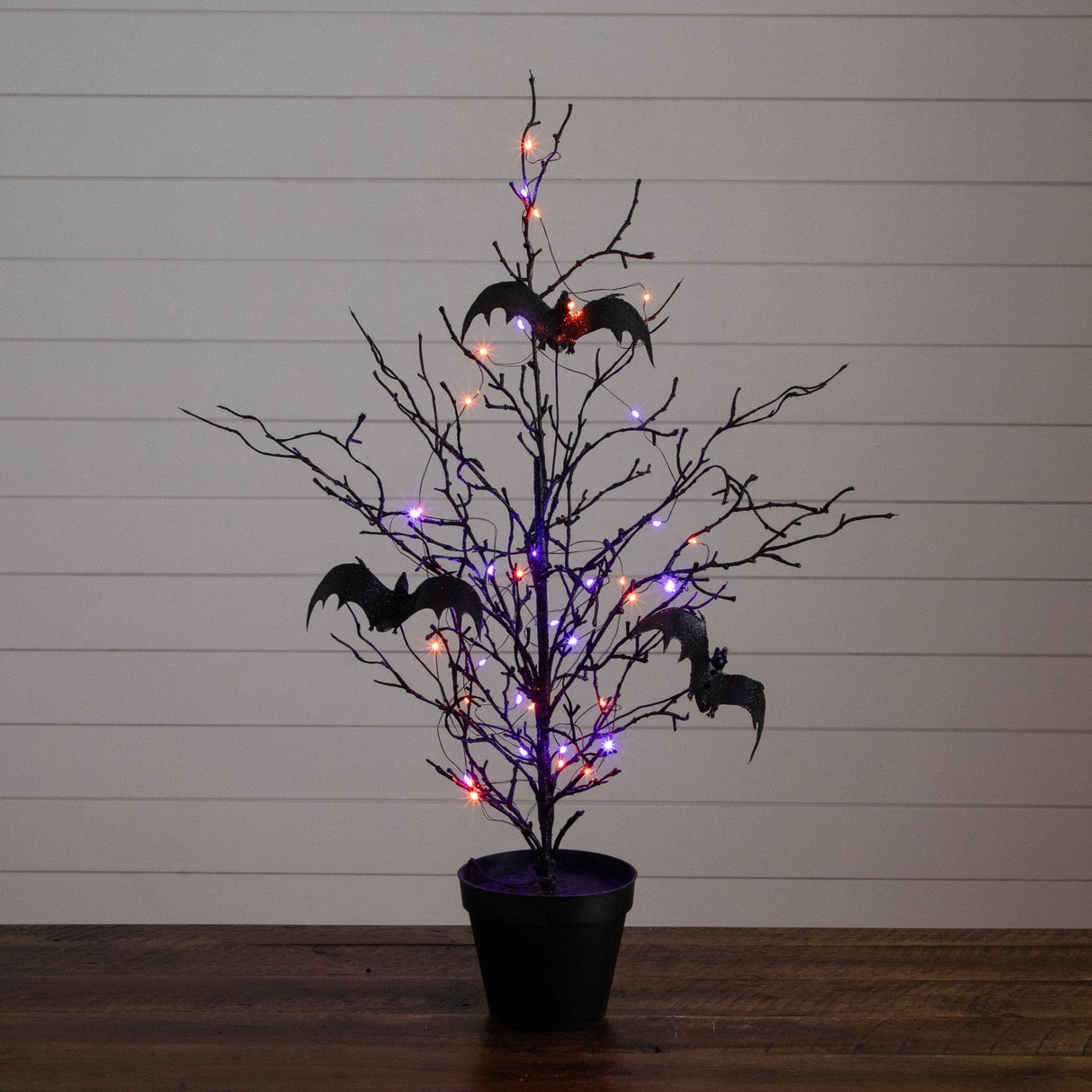 2' Pre-Lit Artificial Black Spooky Twig Tree with Bats and 40 Orange & Purple LED Lights