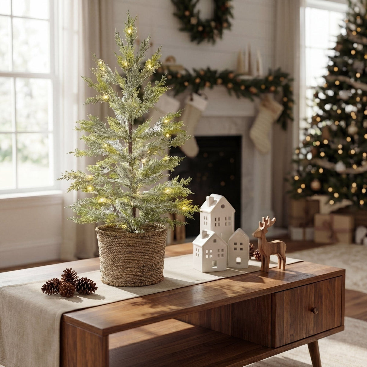 2’ Pre-Lit Artificial Snowed Cypress Christmas Tree with 30 LED Lights in Hyacinth Basket