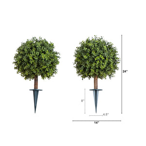 2' UV Resistant Artificial Boxwood Topiary with Integrated Ground Stake (Indoor/Outdoor) - Set of 2