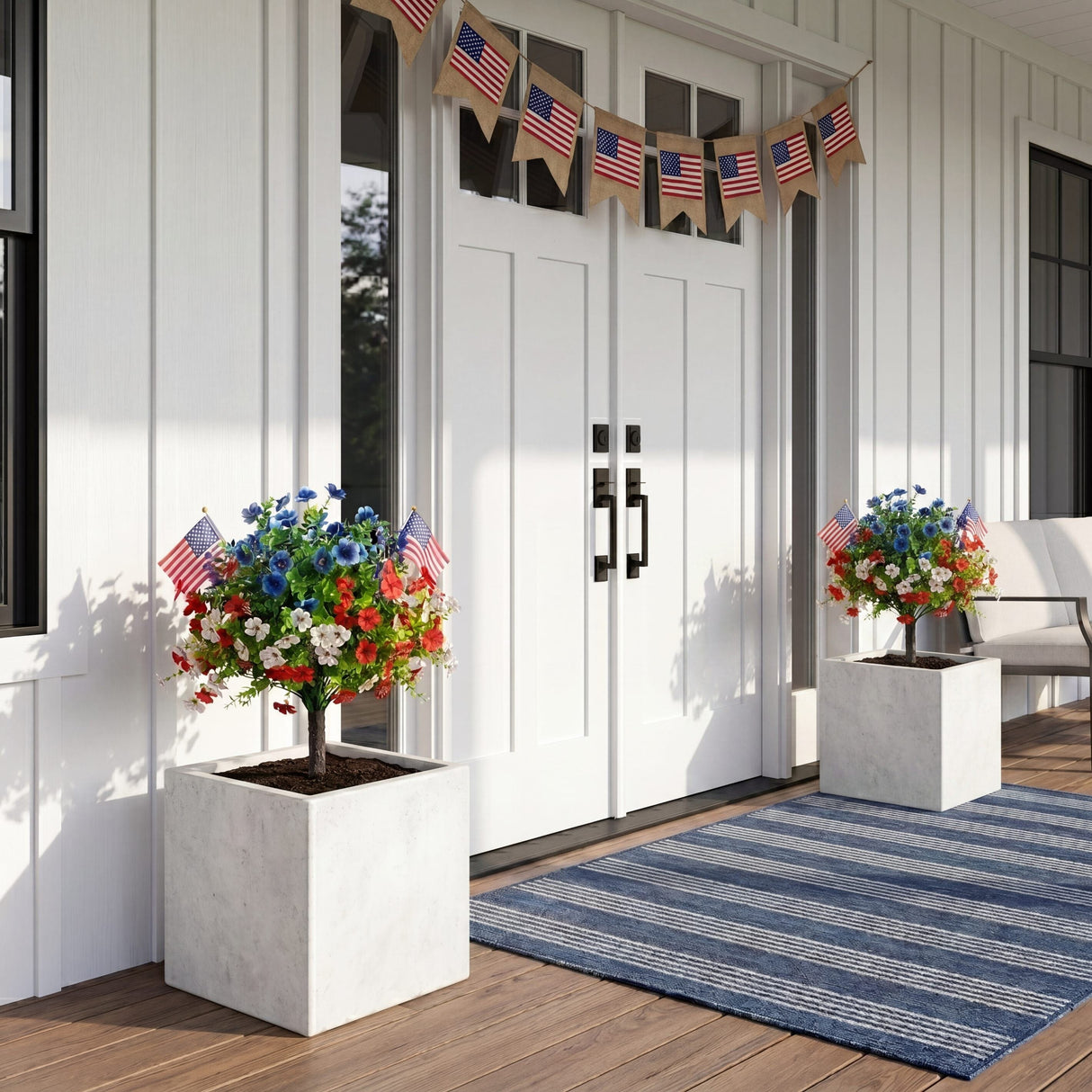 2' UV Resistant Artificial Red, White and Blue Flowering Daisy Bush with Integrated Ground Stake (Indoor/Outdoor) - Set of 2