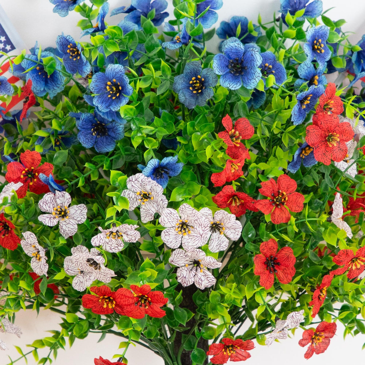2' UV Resistant Artificial Red, White and Blue Flowering Daisy Bush with Integrated Ground Stake (Indoor/Outdoor) - Set of 2