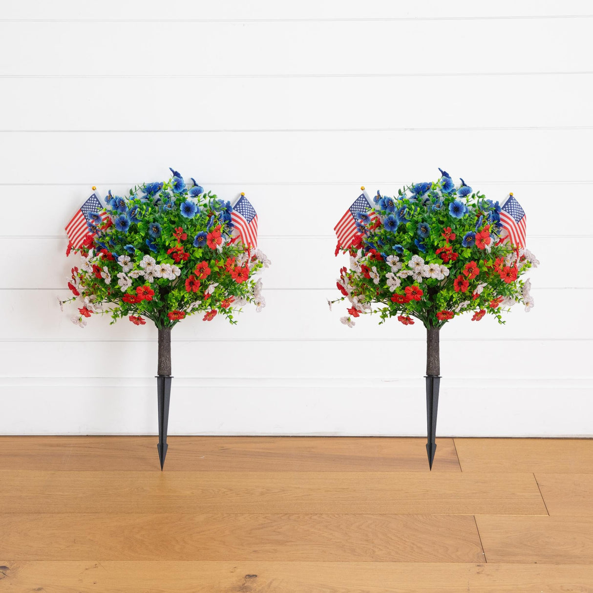 2' UV Resistant Artificial Red, White and Blue Flowering Daisy Bush with Integrated Ground Stake (Indoor/Outdoor) - Set of 2