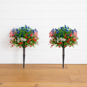 2' UV Resistant Artificial Red, White and Blue Flowering Daisy Bush with Integrated Ground Stake (Indoor/Outdoor) - Set of 2